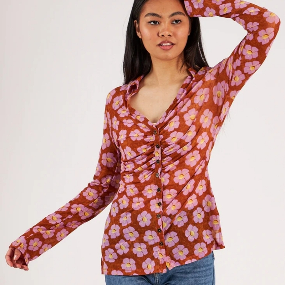 Like New Free People Lucky Shirtee Sheer Mesh Blouse in Coffee Combo